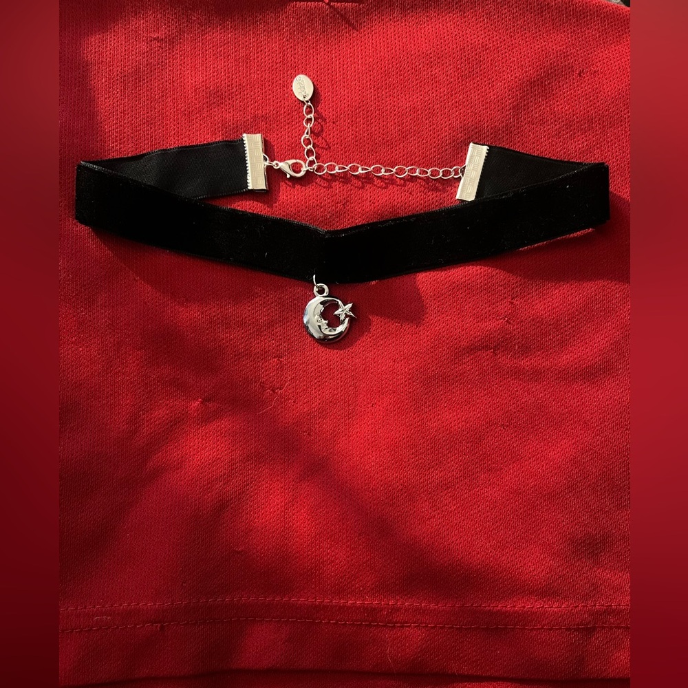 Upcycled Silver Moon and Star Charm Pendant Black Velvet Band Choker - Picture 3 of 3
